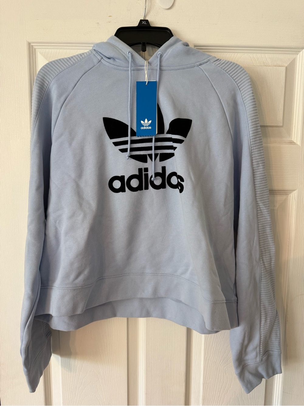 NWT adidas Women’s Light Blue Hoodie with Black Trefoil Logo
